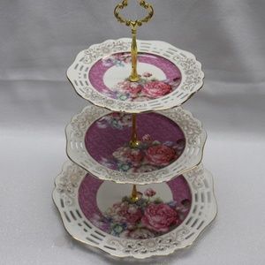 ROSETTE FLORAL 3-TIER ROUND SERVER TRAY LATTICE BORDER-MULTICOLOR & GOLD